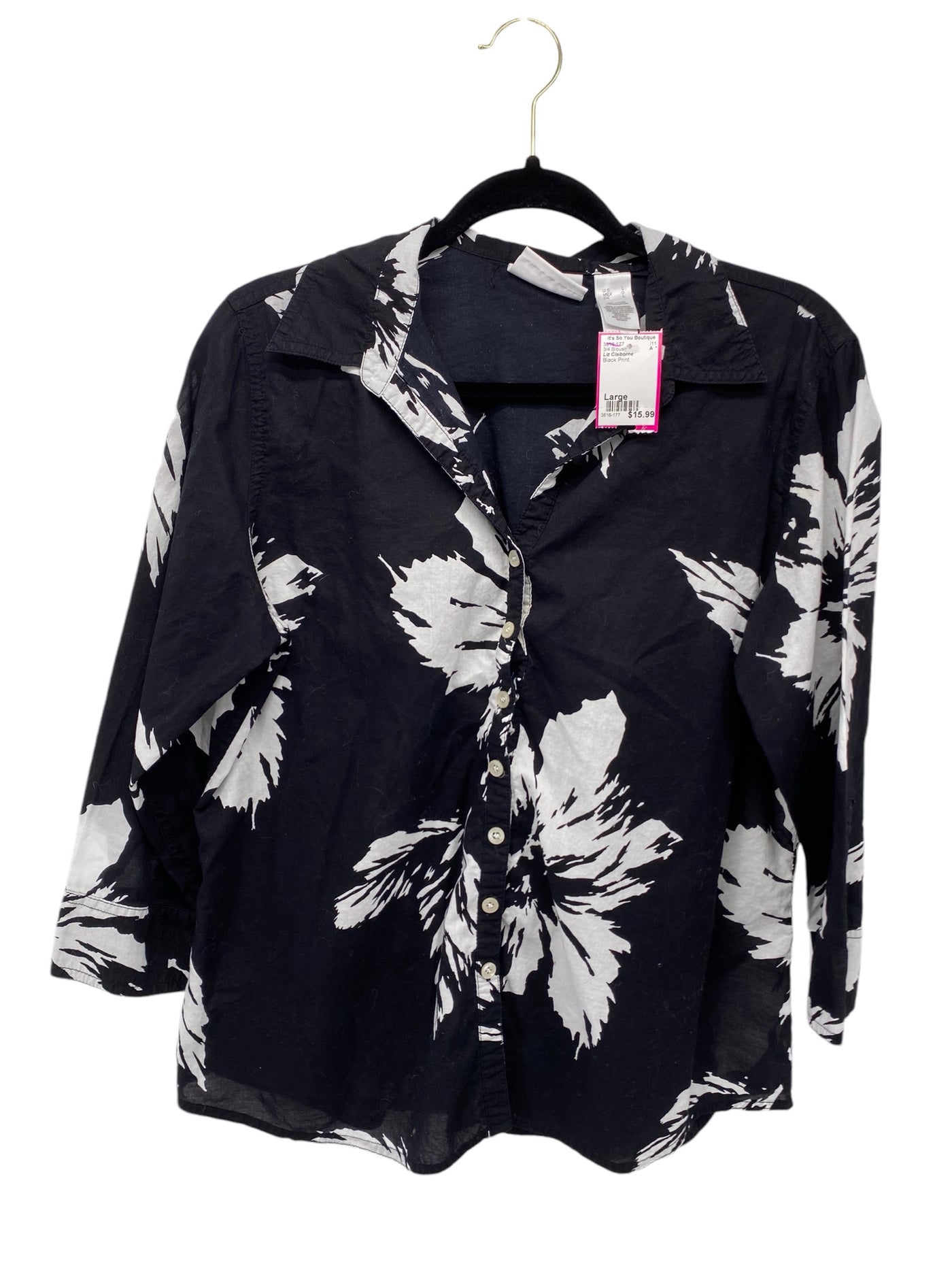 Liz Claiborne Misses Size Large Black Print 3/4 Blouse