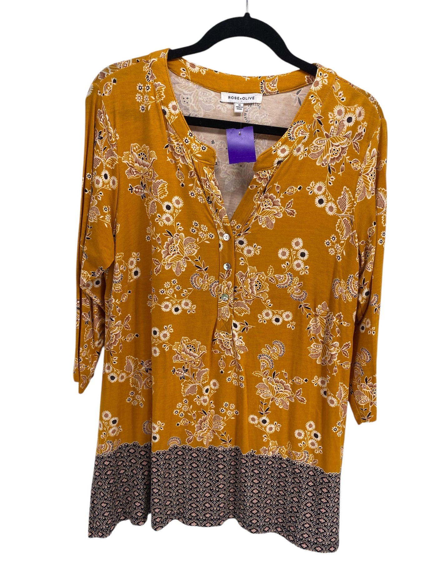 Rose & Olive Women Size 1X Mustard Floral CD 3/4 Blouse