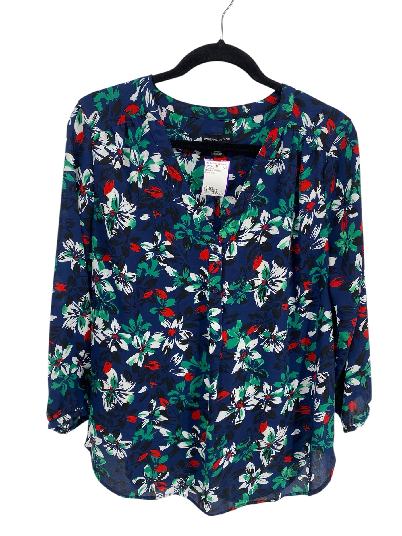 Adrienne Vittadini Misses Size Large Blue Floral LS Casual