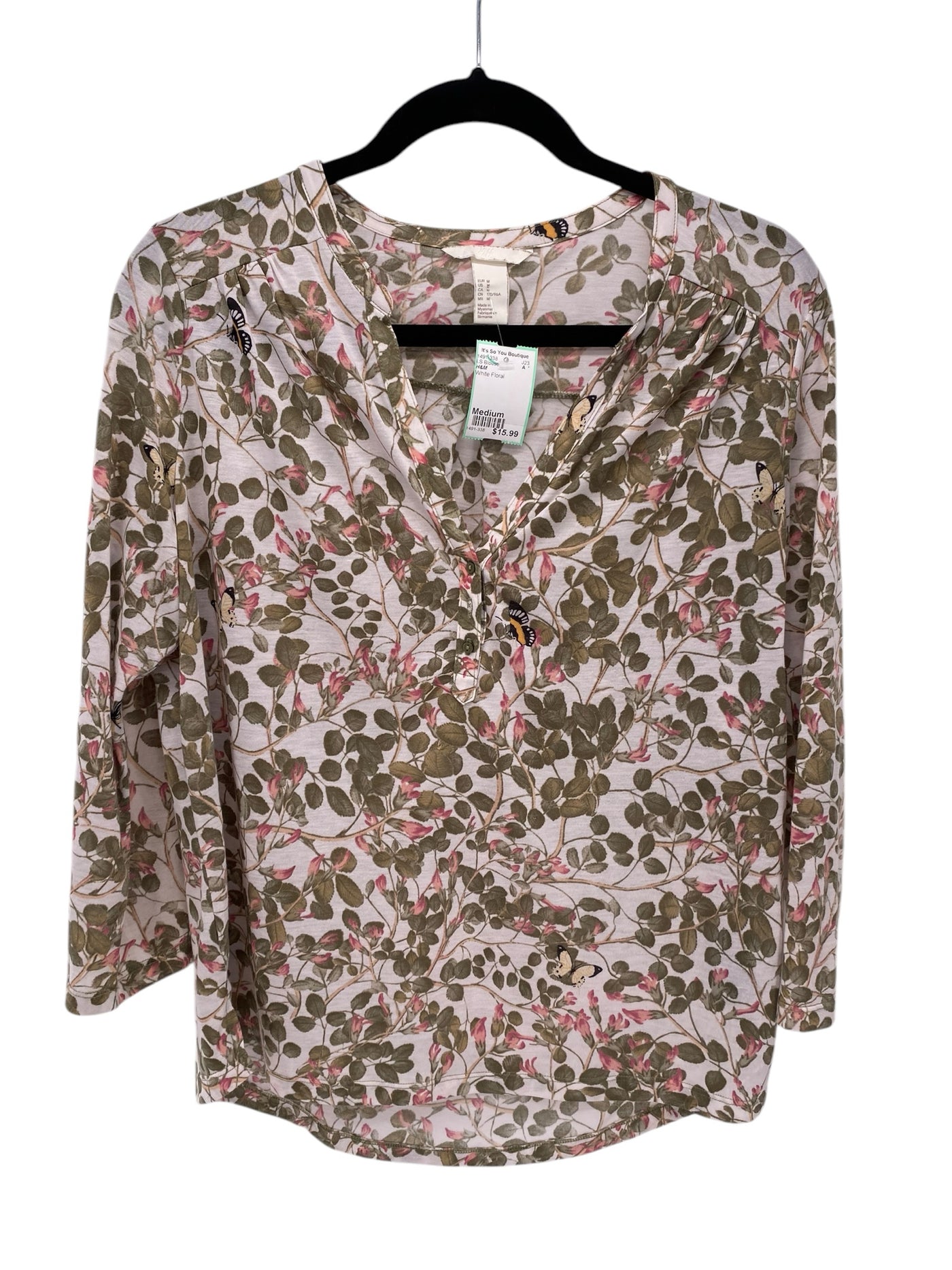 H&M Misses Size Medium White Floral LS Blouse