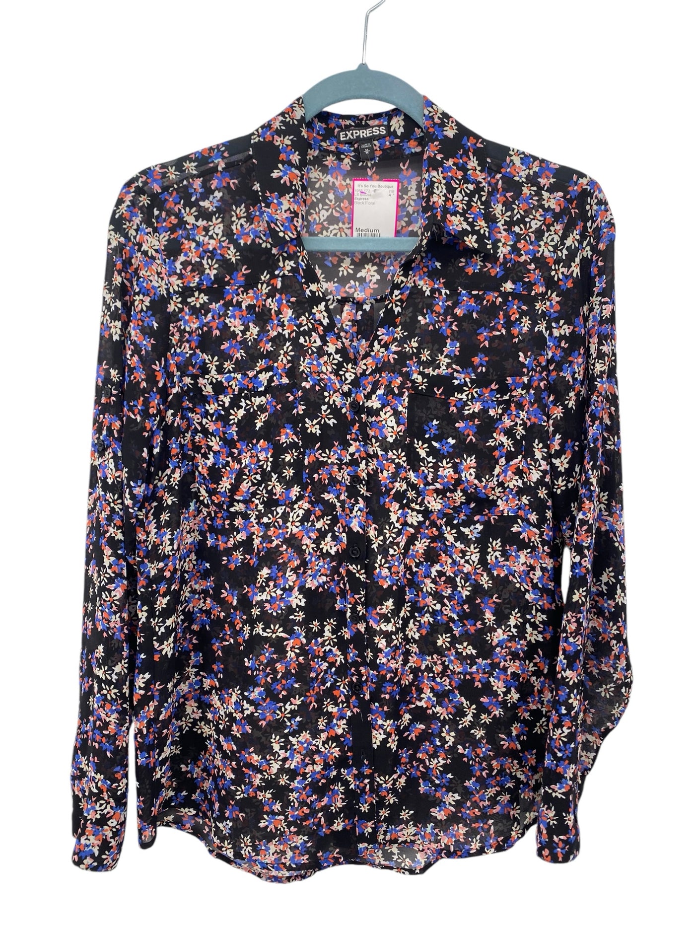 Express Misses Size Medium Black Floral LS Blouse