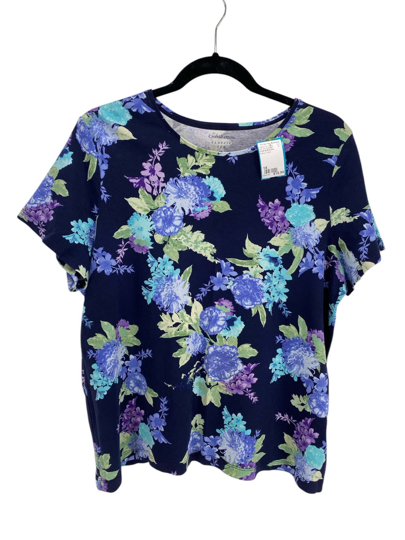 Croft & Barrow Women Size 1X Navy Floral CD SS Blouse