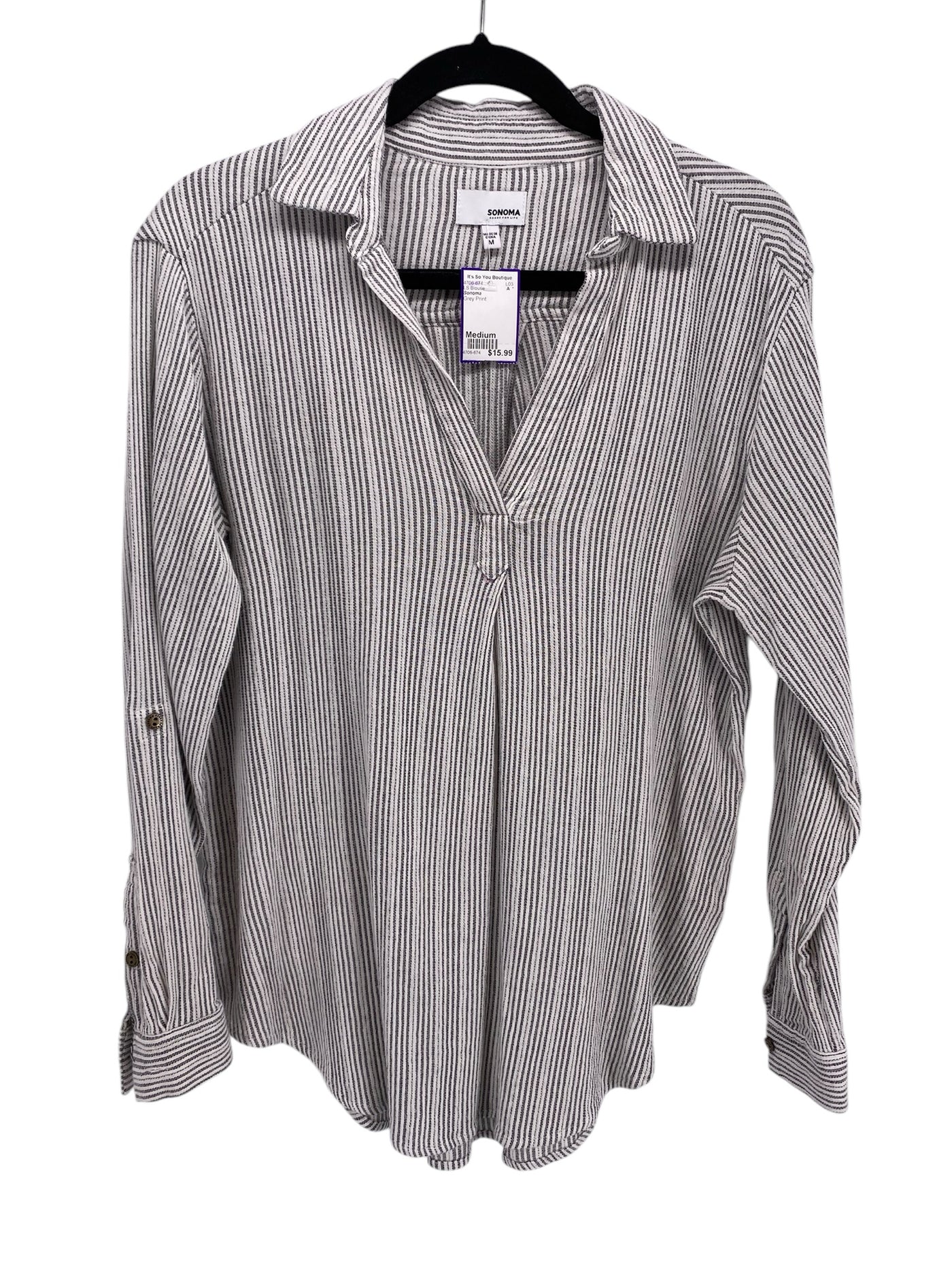 Sonoma Misses Size Medium Grey Print LS Blouse