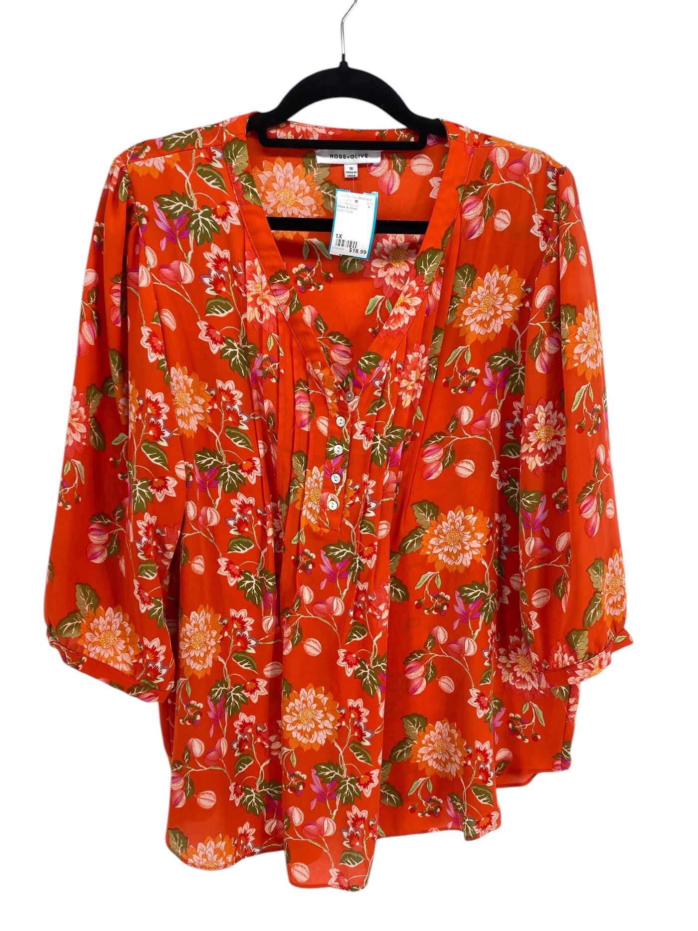 Rose & Olive Women Size 1X Red Floral CD 3/4 Blouse