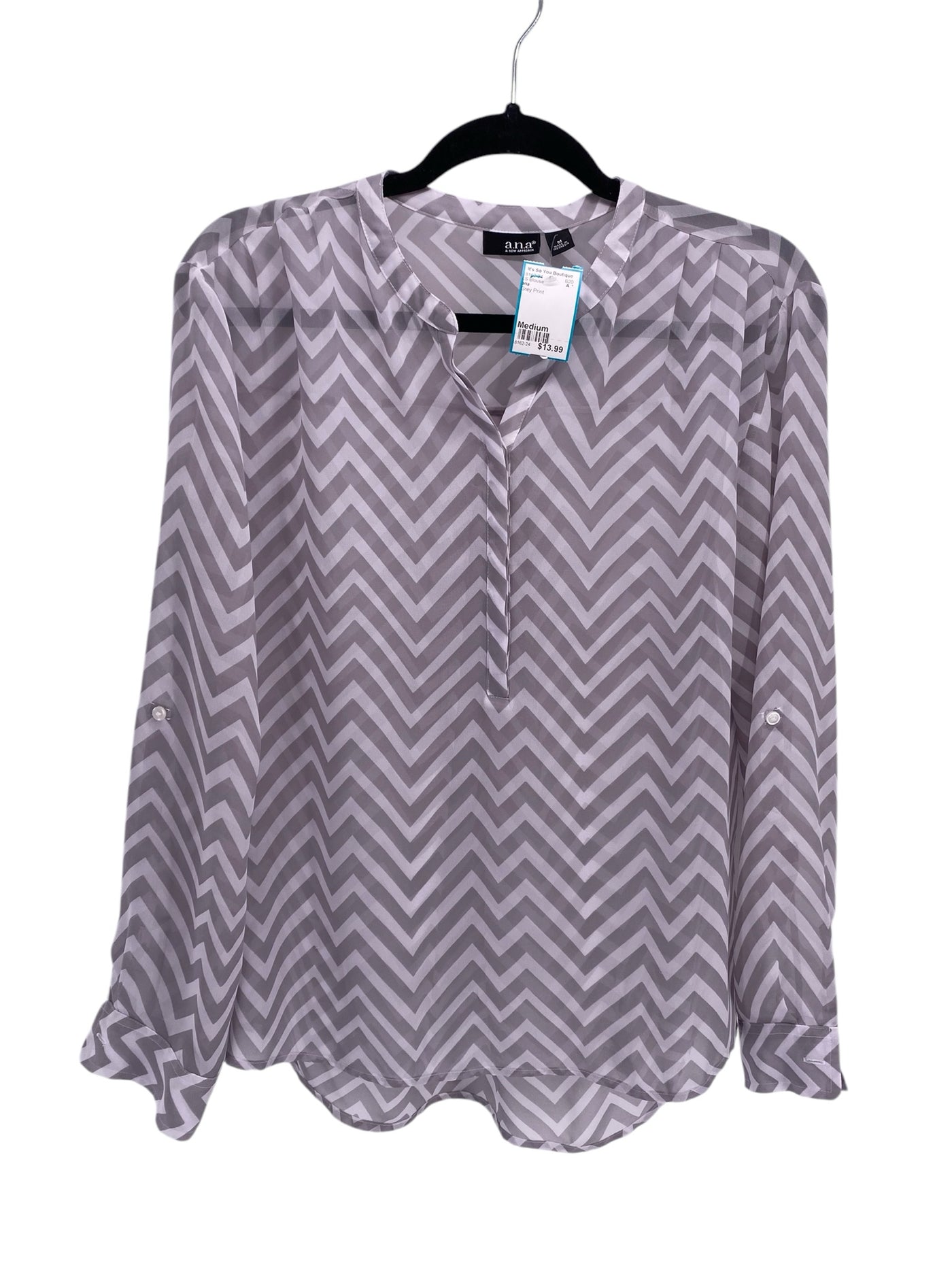 ana Misses Size Medium Grey Print LS Blouse