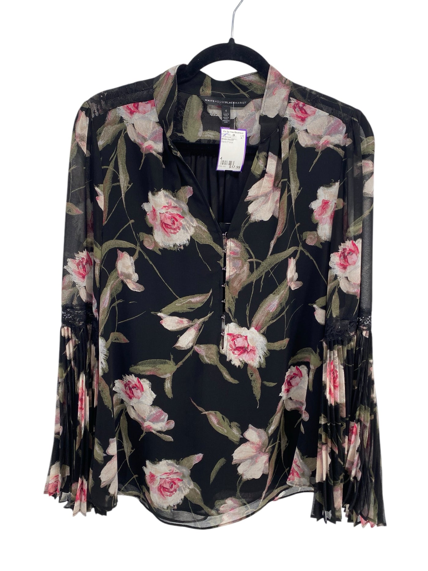 White House Misses Size 4 Black Floral LS Blouse