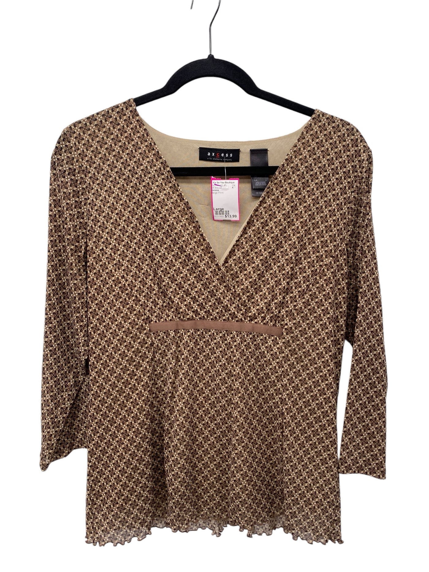 Axcess Misses Size Large Beige Print 3/4 Blouse