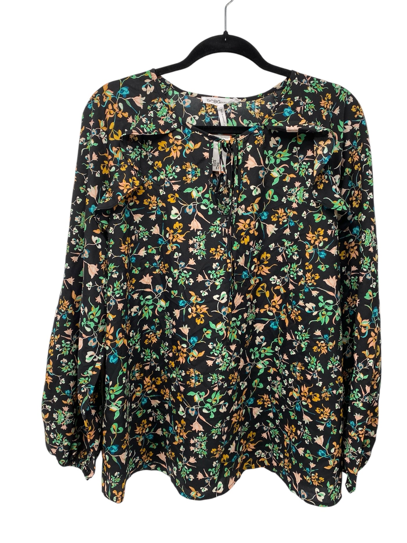 BCBG Misses Size Large Black Floral LS Blouse