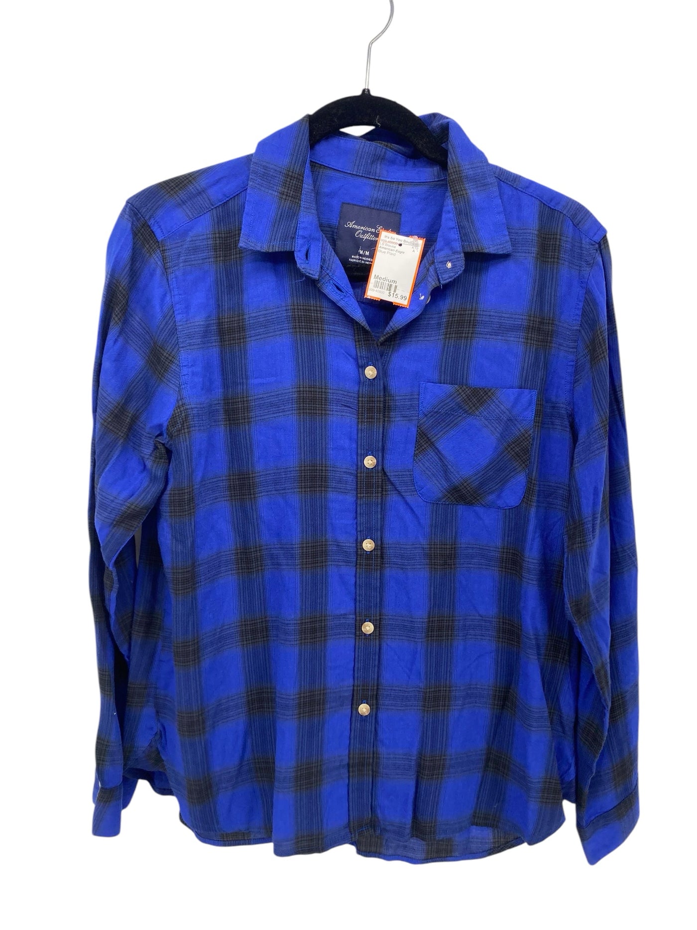 American Eagle Misses Size Medium Blue Plaid LS Blouse